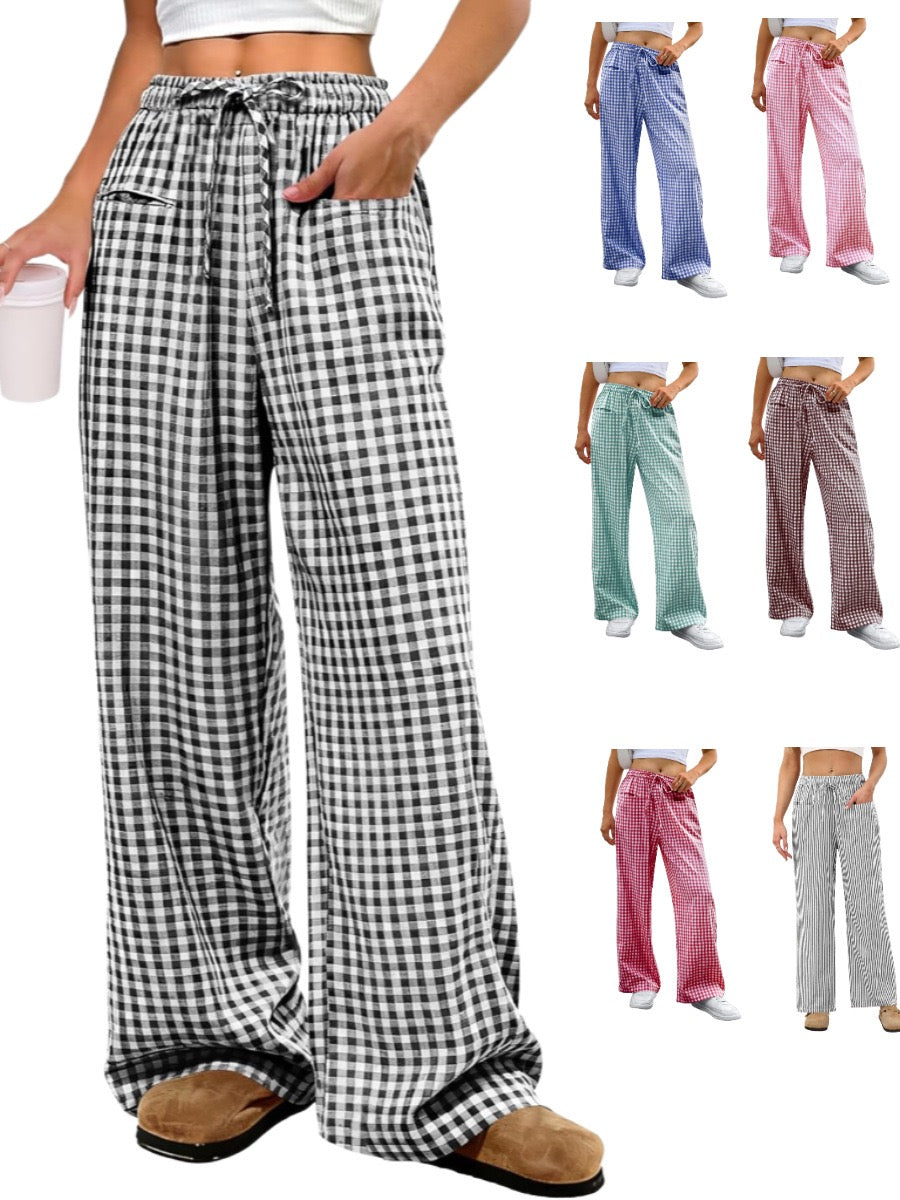 R1225 Women's High-Waisted Wide-Leg Plaid Drawstring Pajamas Pants