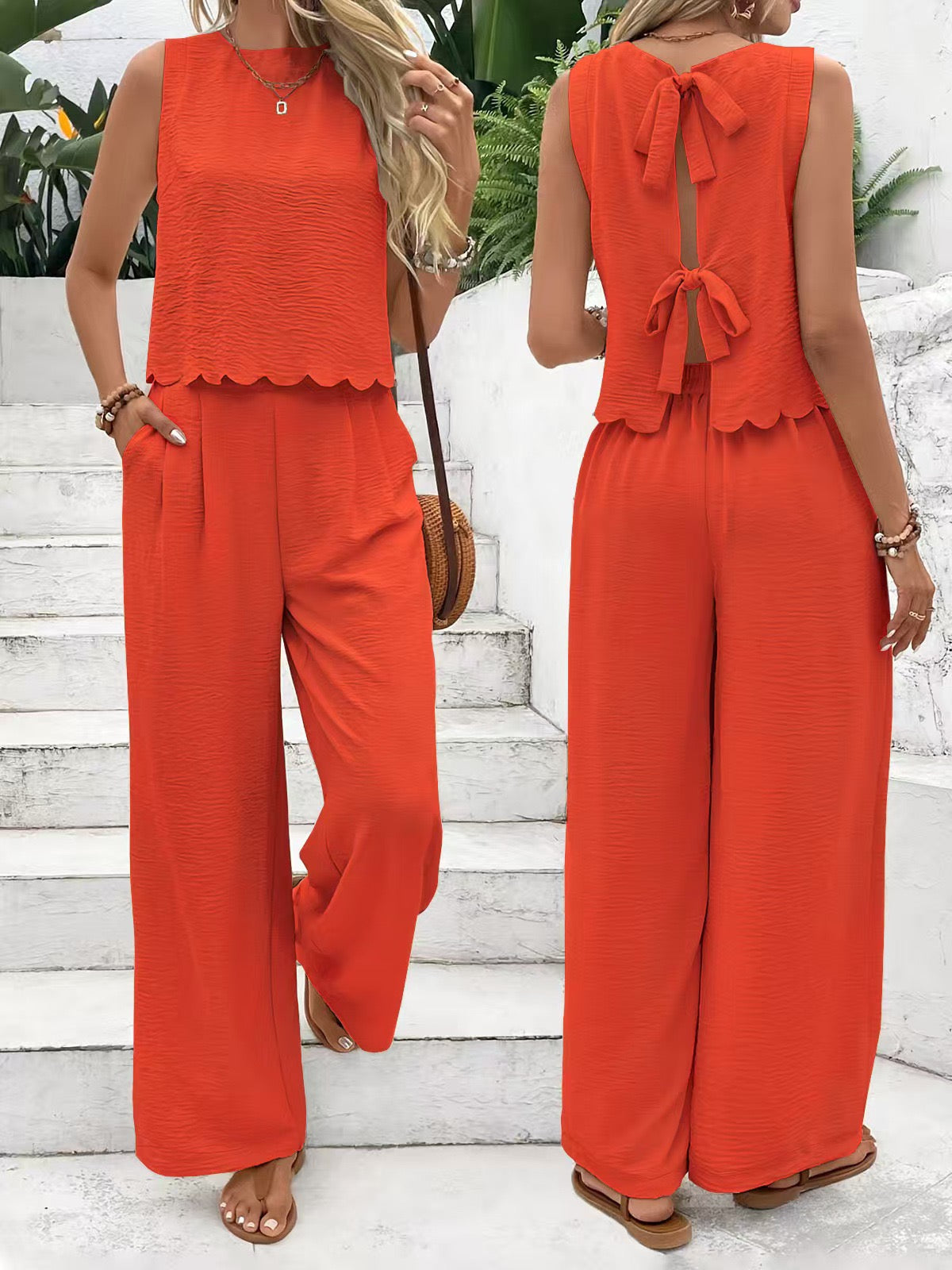 R1281 Bow Knot Back Tank Top and wide-leg pants two-piece set