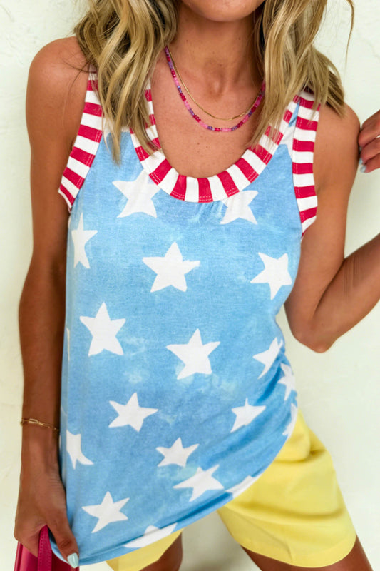 R1427 Sky Blue Tie Dye Star Print Striped Trim Round Neck Casual Tank Top