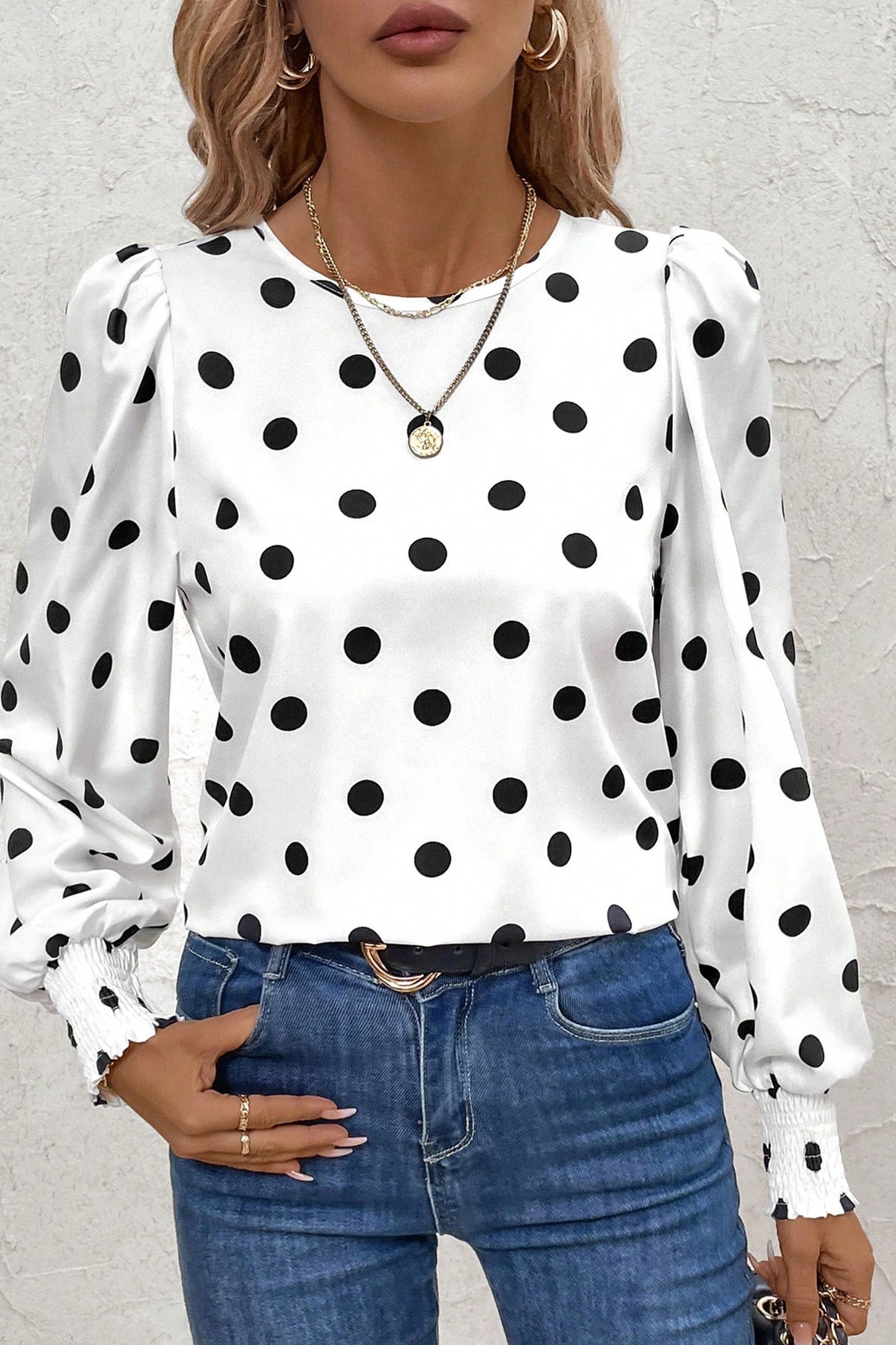 R1280 Long Sleeve Polka Dot Print Blouse