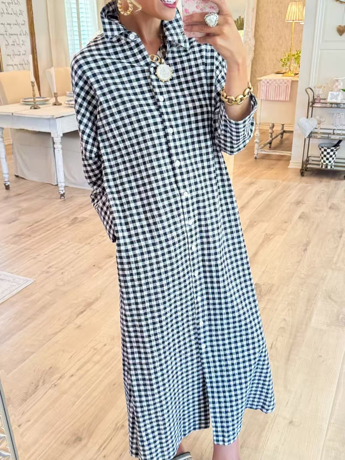 R1399 Long Sleeve Buttoned Plaid Long Dress