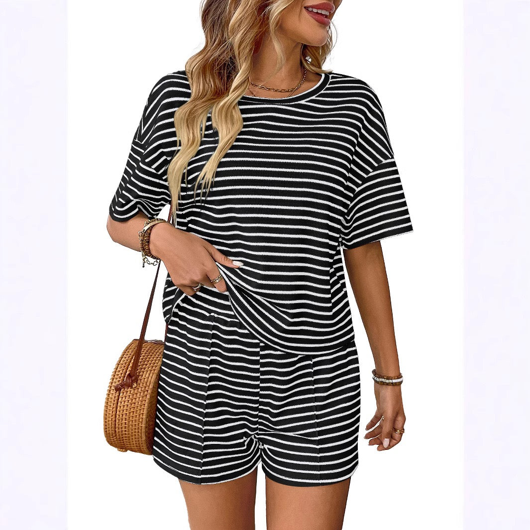 D4330 Summer Striped Two Pieces Shorts Set