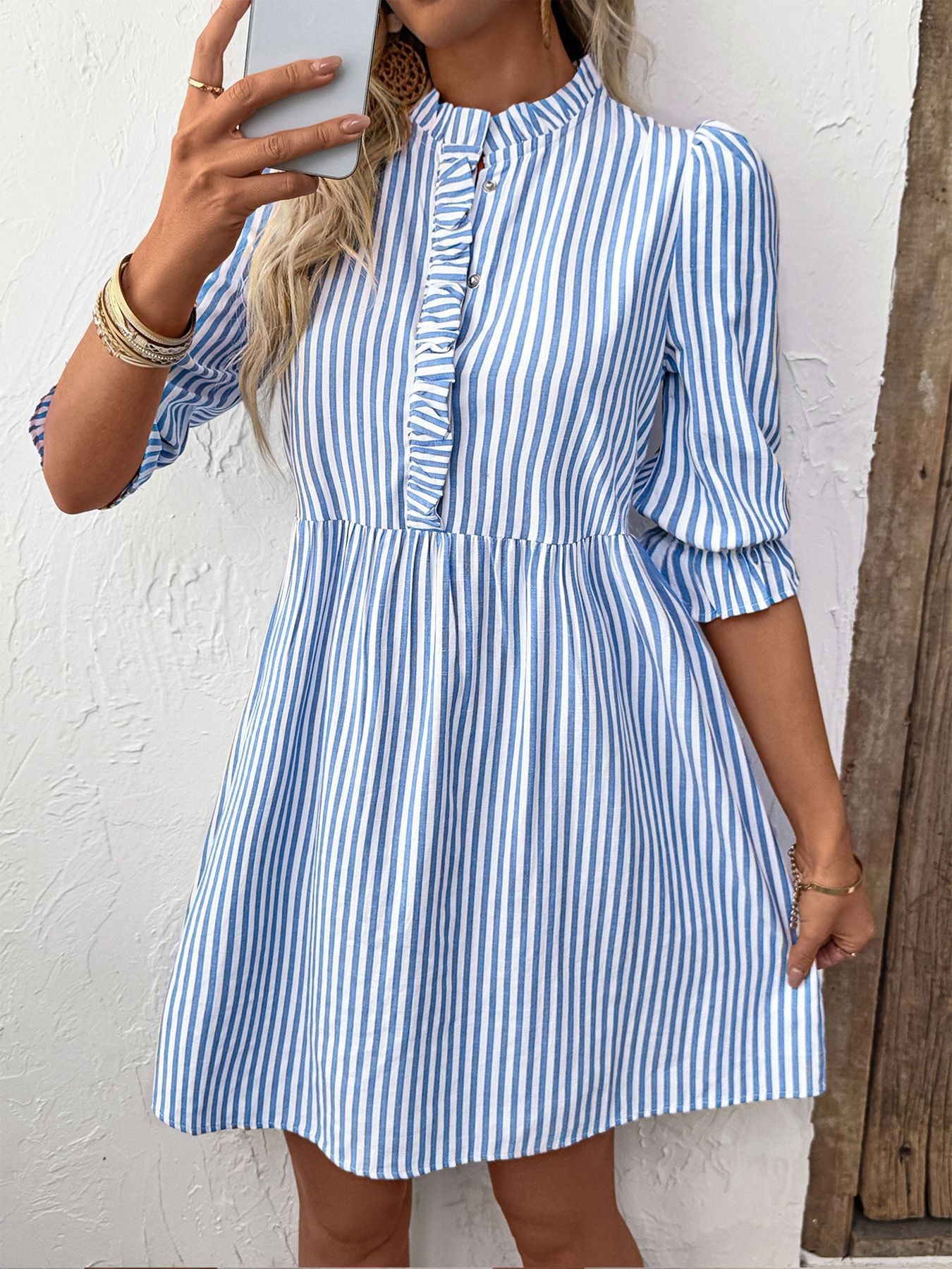R1245 Bubble Sleeve Stand Collar Striped Dress for Women Summer