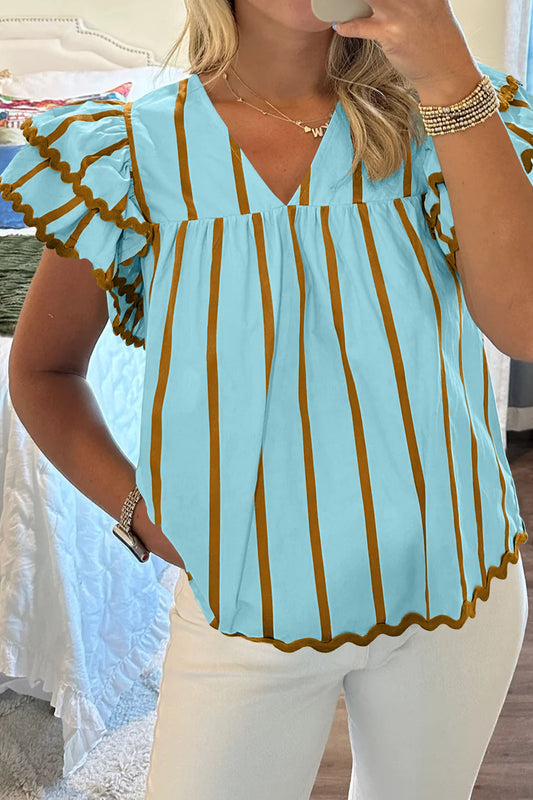 R1372 Sky Blue Stripe Ricrac Trim Double Ruffled Short Sleeve V Neck Blouse