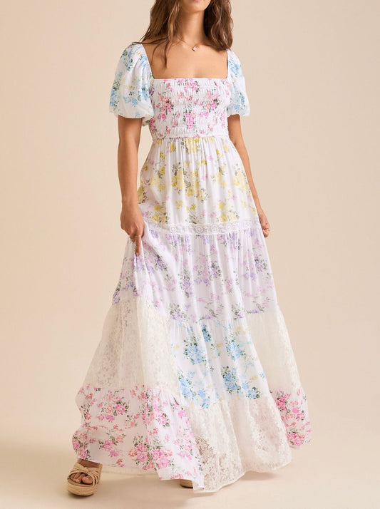 R1402 Multicolour Floral Print Striped Color Block Patchwork Square Neck Shirred Long Dress