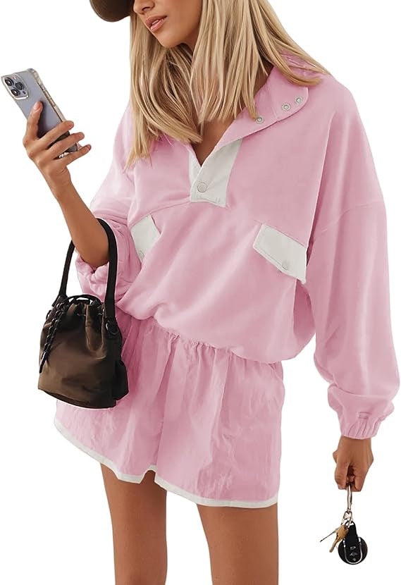 R1292 Color Block Patchwork Half Button Pullover and Shorts 2pcs Outfit