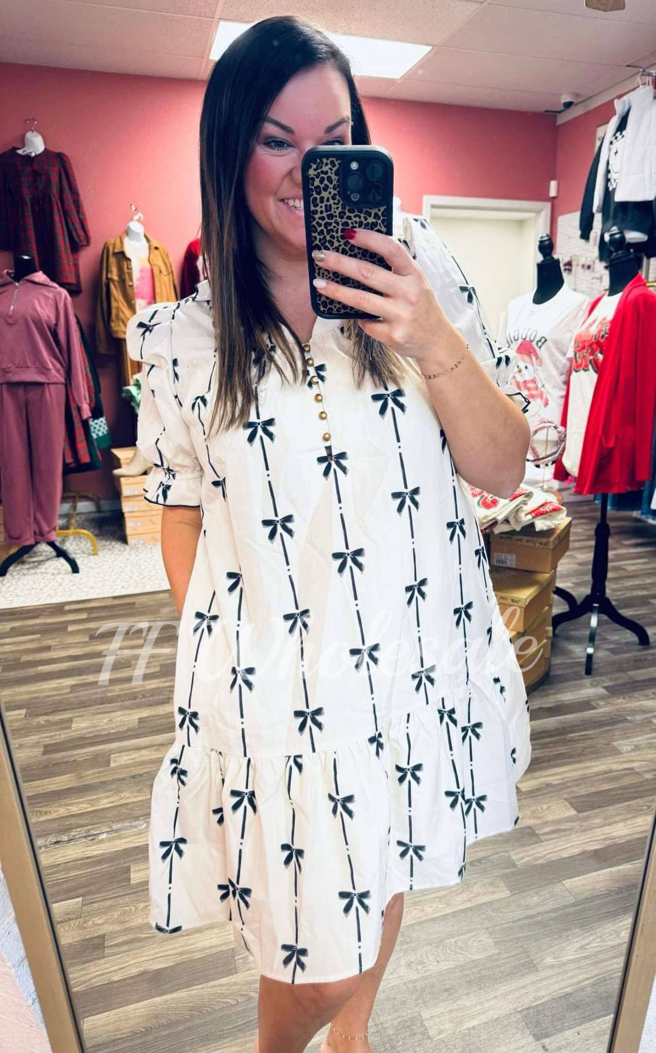 D3859 Bowknot Printed Bubble Sleeve Mini Dress