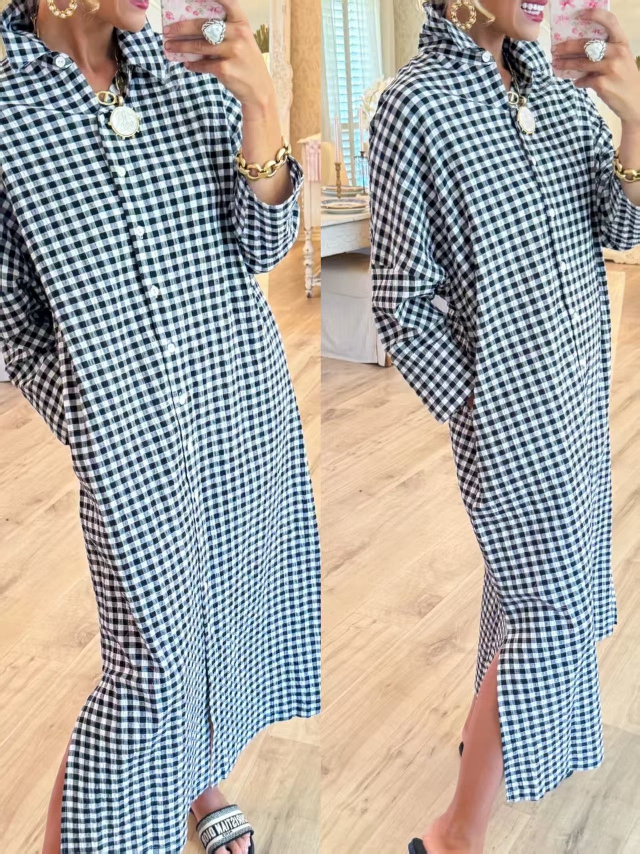 R1399 Long Sleeve Buttoned Plaid Long Dress