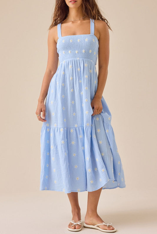 R1433 Sky Blue Embroidered Linen Slip Dress