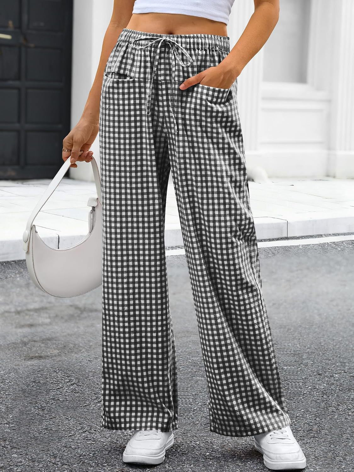 R1225 Women's High-Waisted Wide-Leg Plaid Drawstring Pajamas Pants