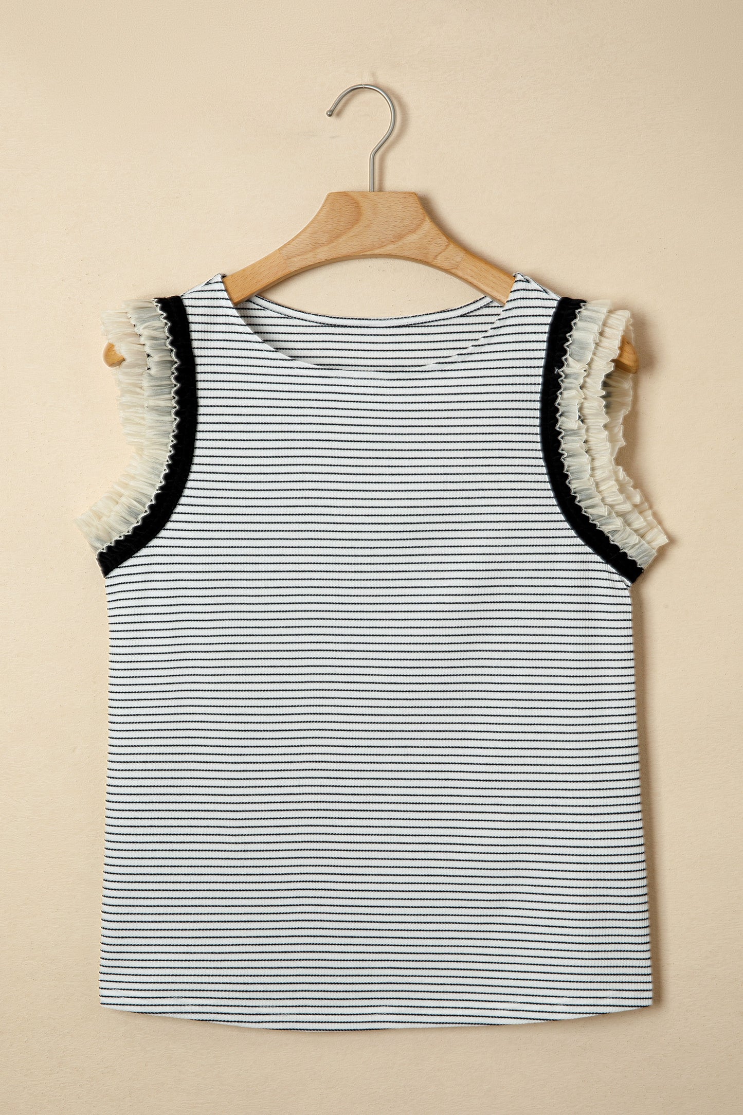 R1329 Black Stripe Contrasted Ruffle Trim Casual Tank Top