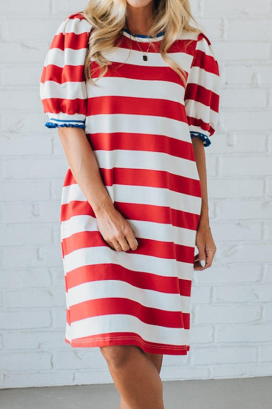 R1374 Stripe Contrast Trim Round Neck Short Puff Sleeve Shift Dress