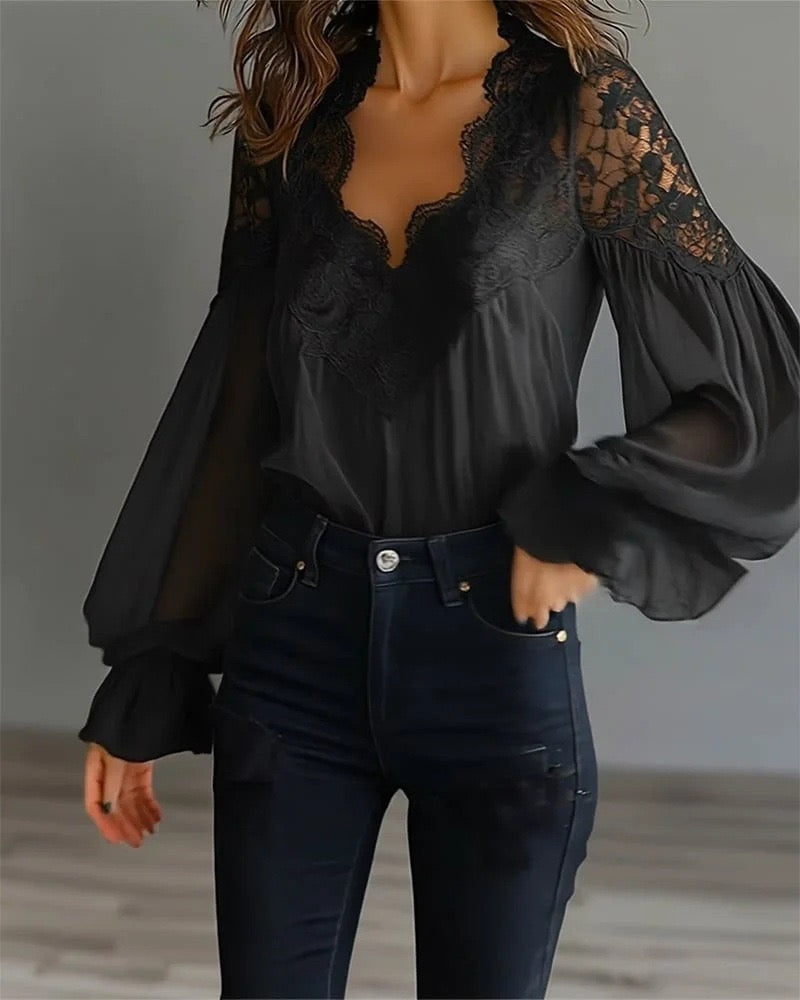R1214 Lace-stitched puff sleeves pleated blouse