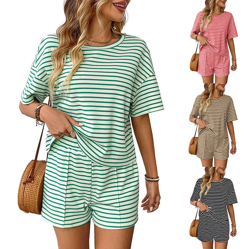 D4330 Summer Striped Two Pieces Shorts Set