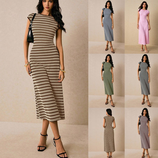 R1274 Short Sleeve Slim Fit Stripe Sweater Maxi Dress
