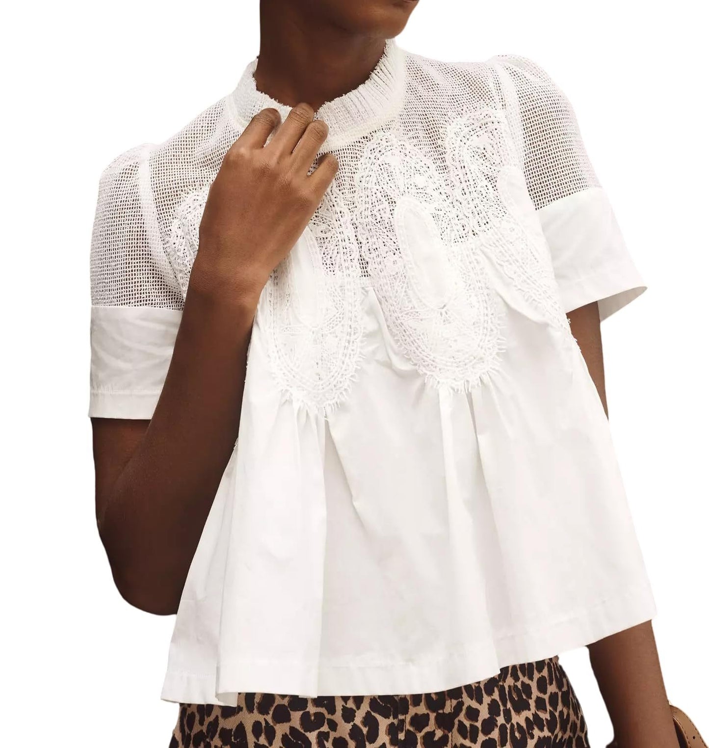 R1313 Lace & Corduroy Patchwork Babydoll Top