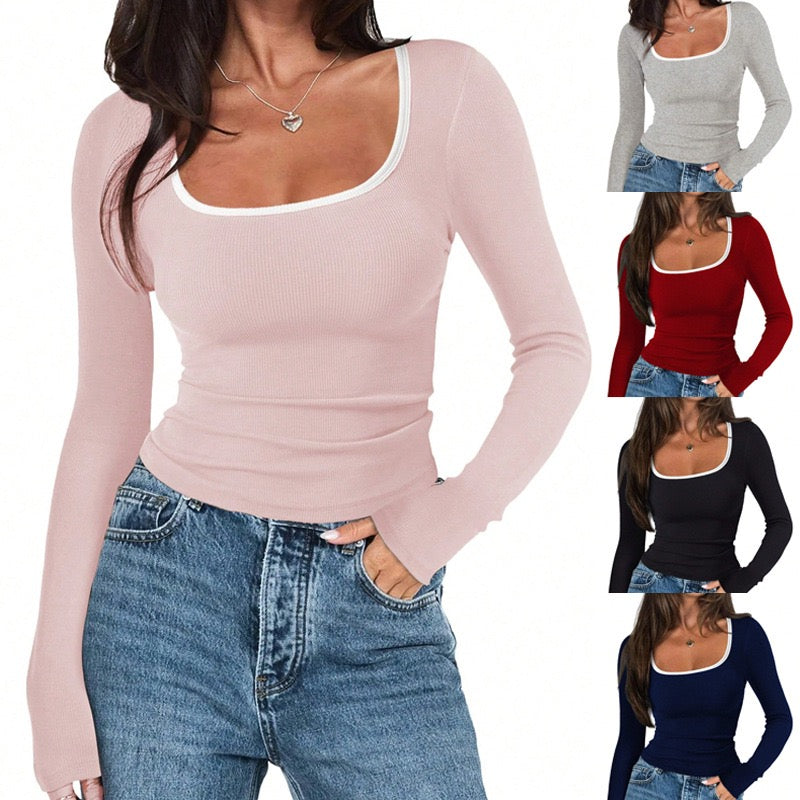 R1223 Square Neck Solid Color Slim-fit Top