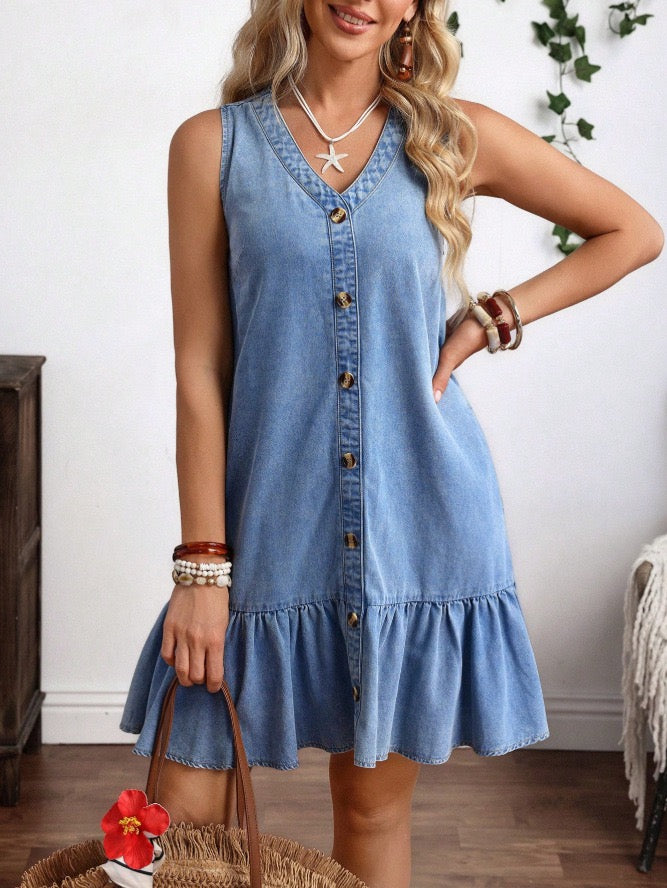 R1585 Sleeveless Denim Button Ruffle Mini Dress