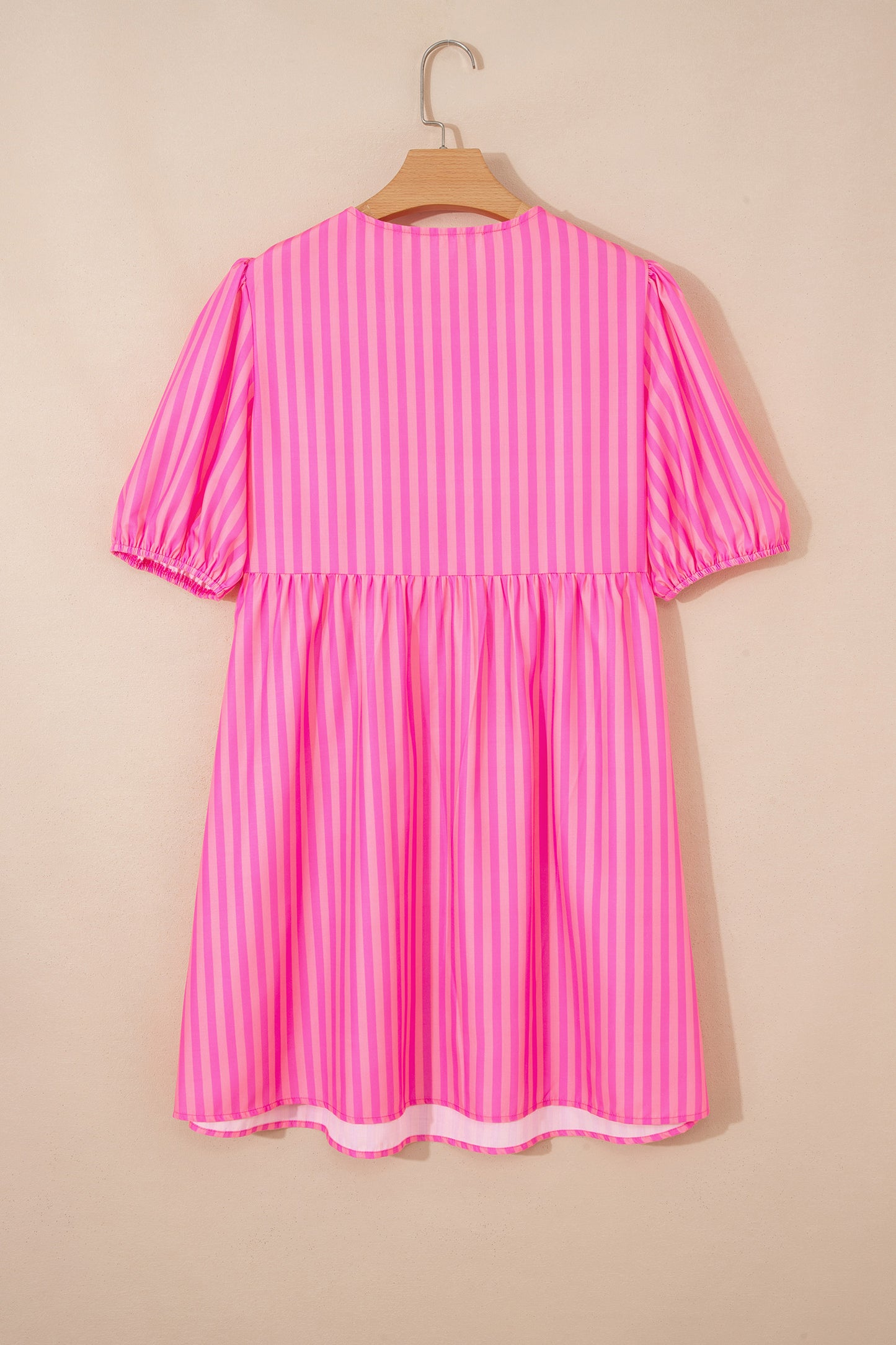 R1337 Rose Striped Print Bow Detail Short Puff Sleeve Mini Dress