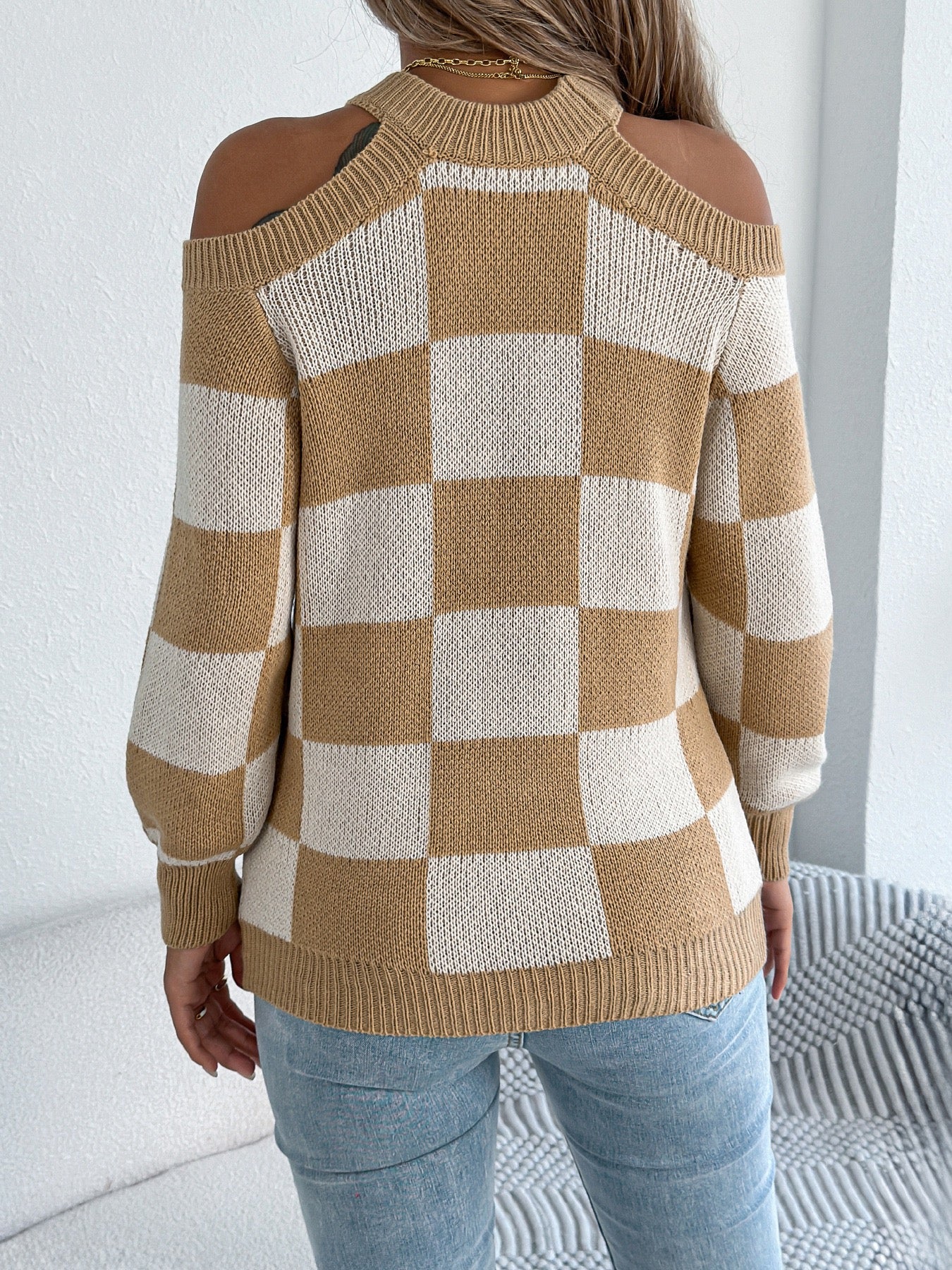 R1268 Cold Shoulder Checked Sweater Top