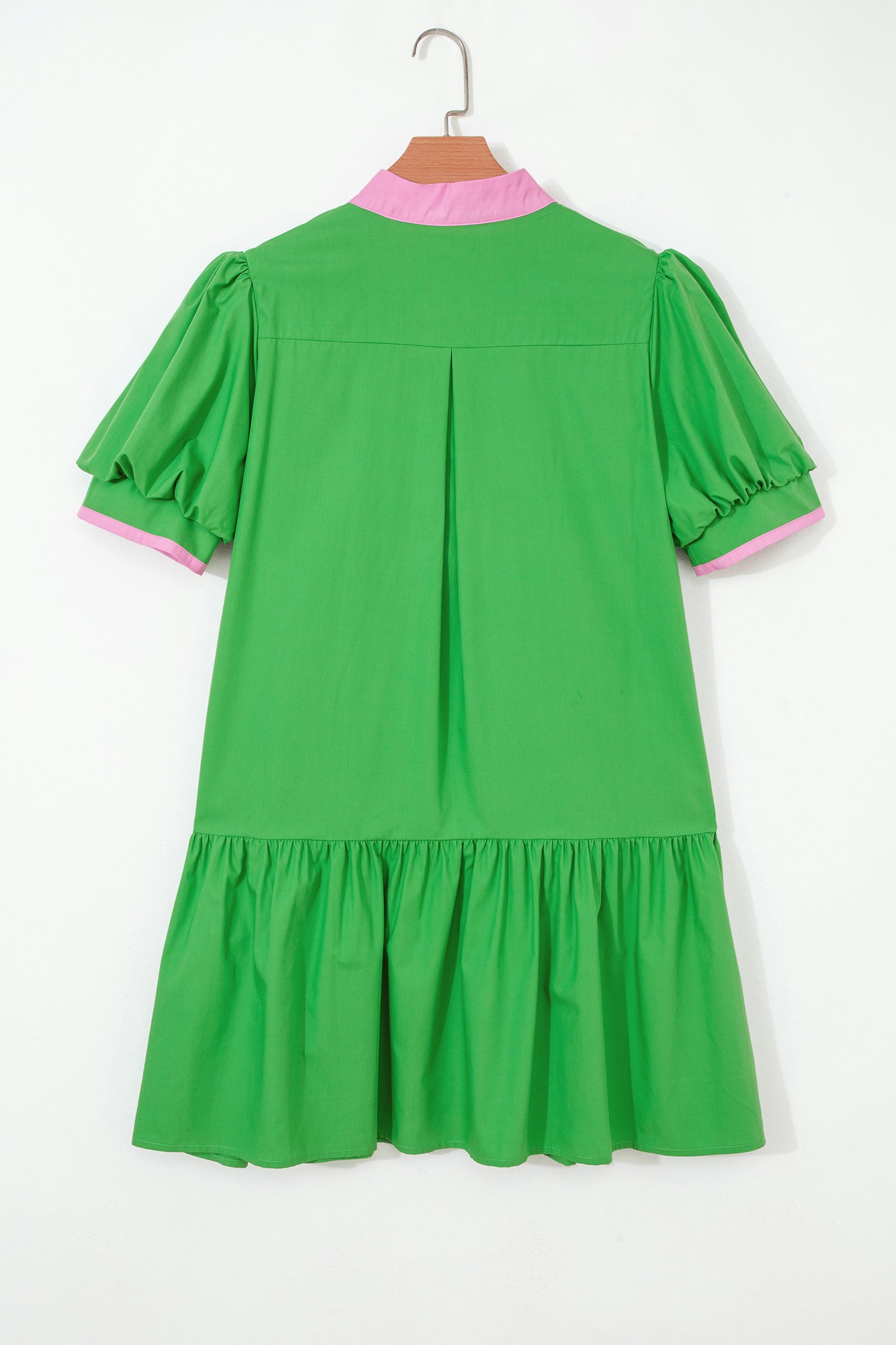 R1278 Green Puff Sleeve Ruffle Hem Mini Dress