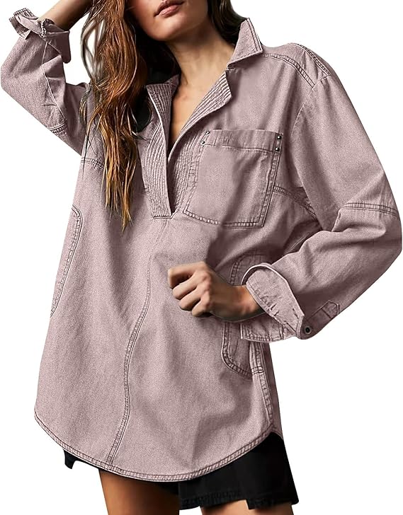 R1252 V neck Oversized Denim Top