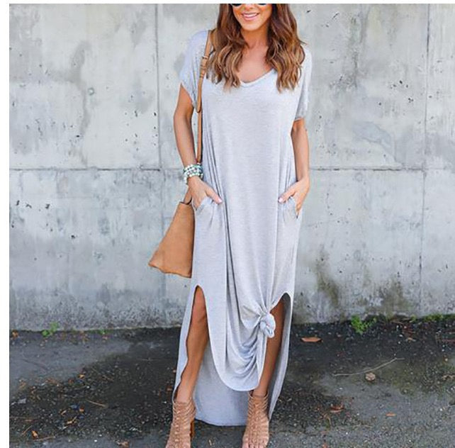 R1294 Short Sleeve Solid Color Pocket Maxi Dress
