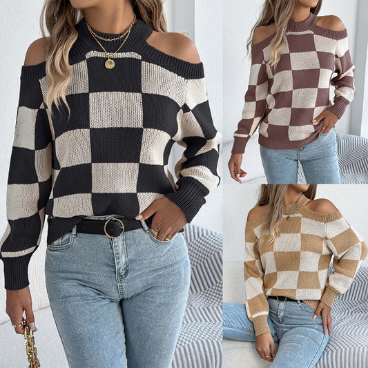 R1268 Cold Shoulder Checked Sweater Top