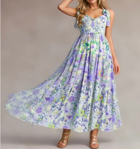 R1404 Sleeveless Tie Floral Long Dress