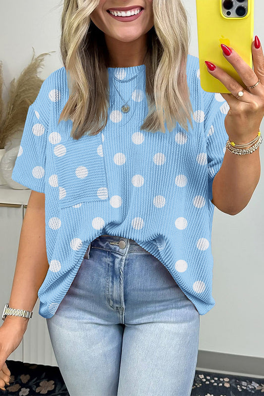 R1384 Sky Blue Raised Rib Polka Dot Oversize Tee