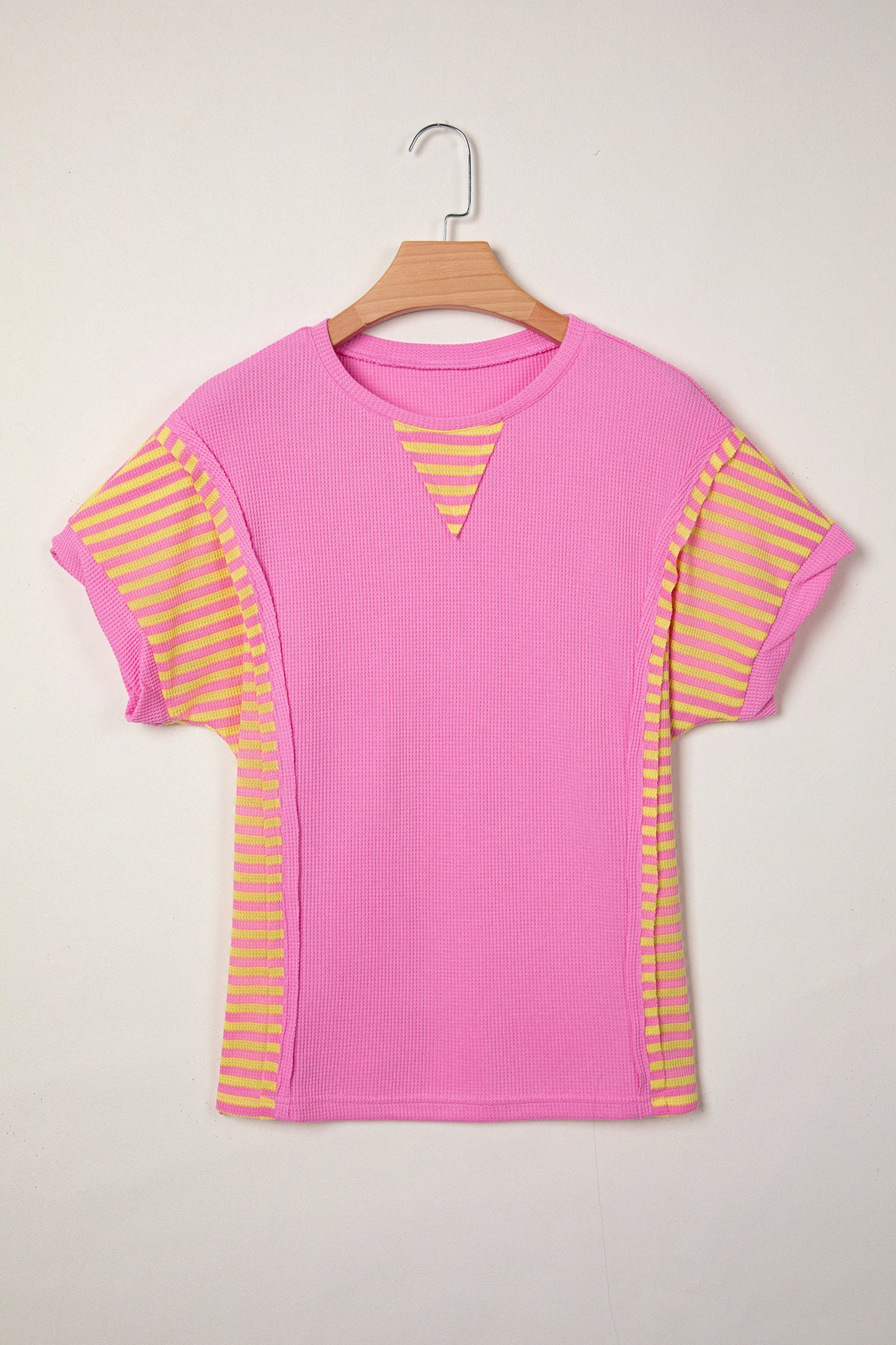 R1306 Waffle Textured Contrast Striped Patchwork Loose T Shirt