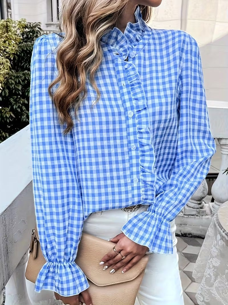 R1242 Long Sleeve Ruffle Hem Checked Blouse