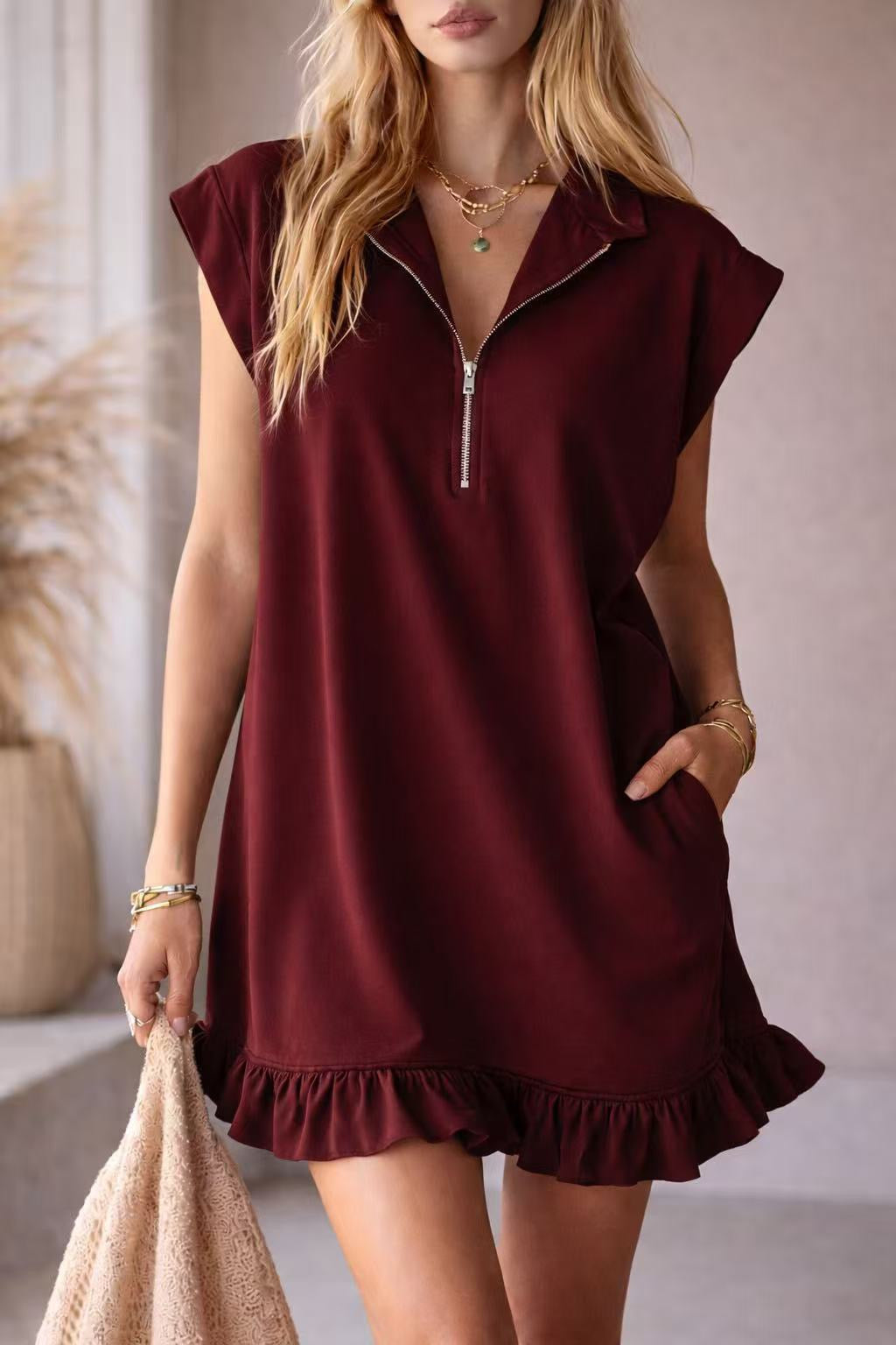 R1212 Collar Split Flutter Sleeve Dress
