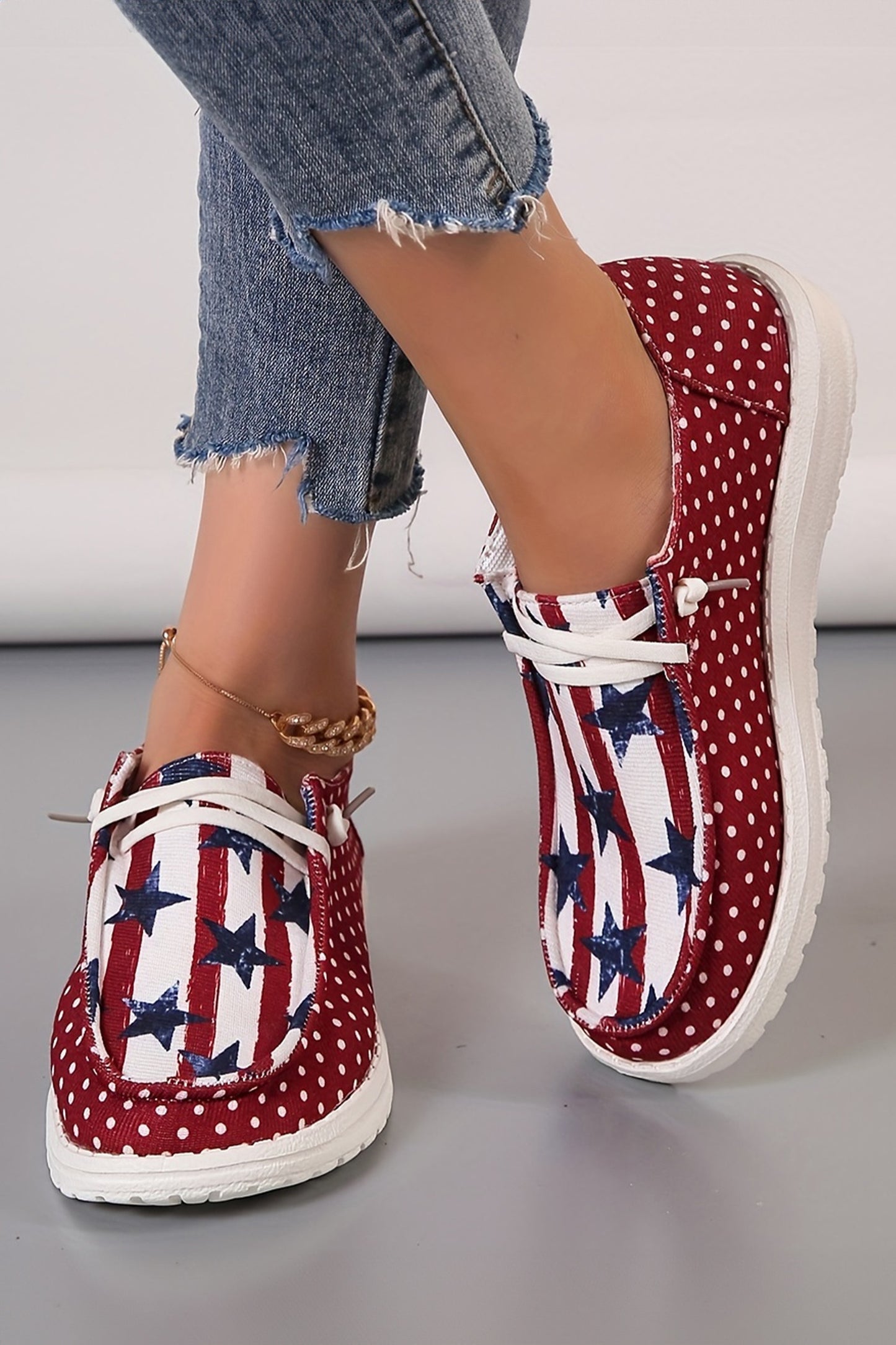 R1344 Racing Red Polka Dot Stars and Stripes Independent Day Casual Shoes