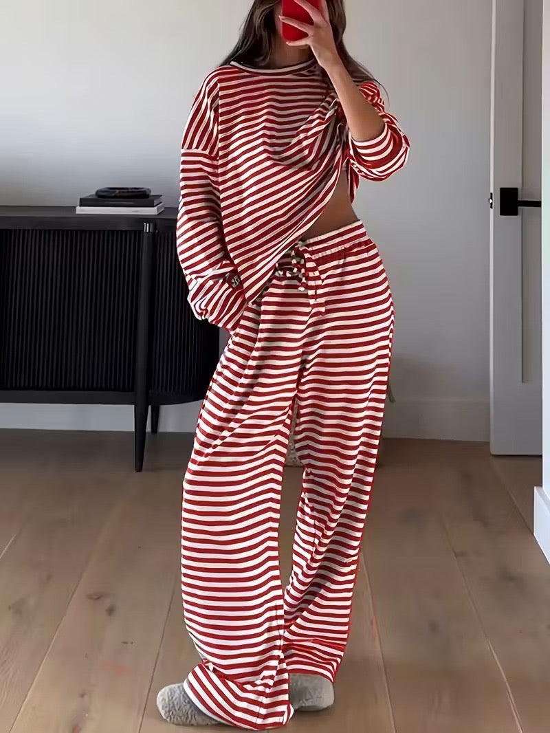 R1238 Striped Long Sleeve Top High-Waist Pants Two-Piece Set
