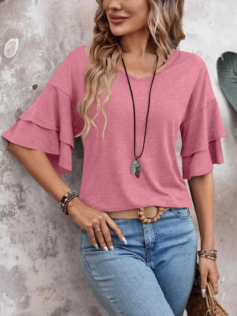 R1311 Solid Color Ruffle Sleeve Top