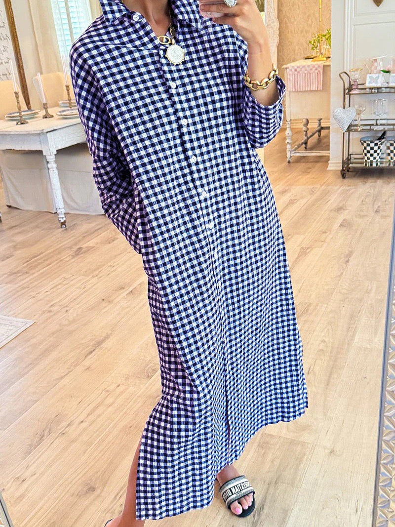 R1399 Long Sleeve Buttoned Plaid Long Dress