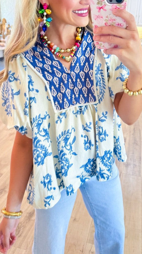 R1479 Puff Sleeve Blue Floral Print Blouse