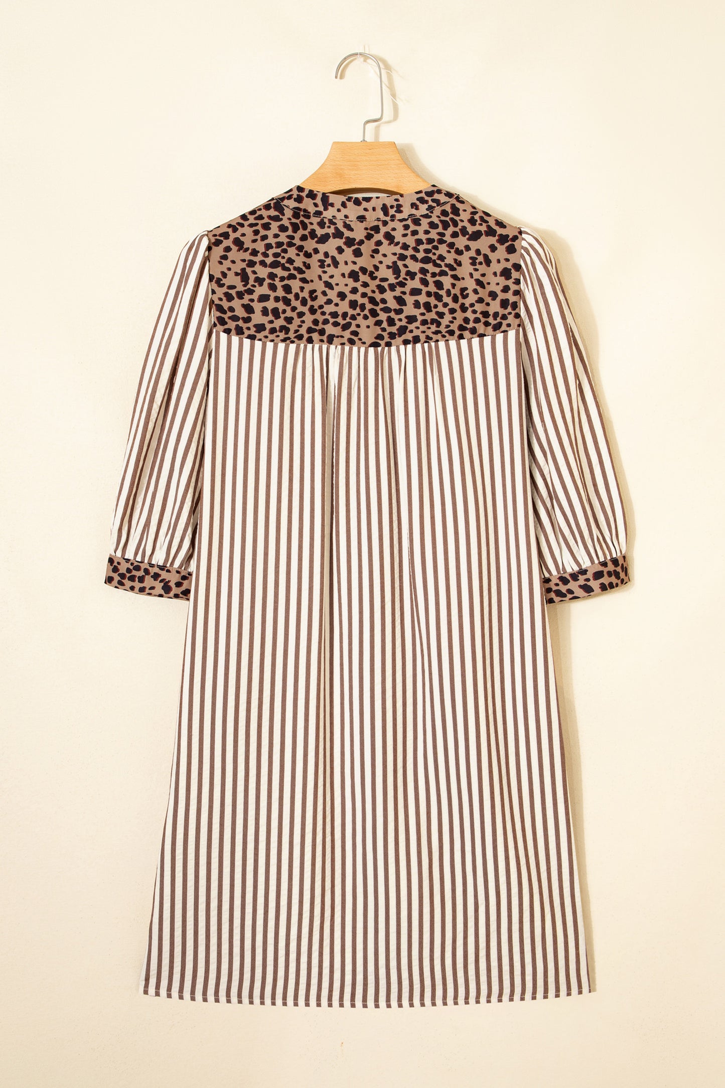 R1263 Khaki Stripe Leopard Trim Square Button Shirt Dress