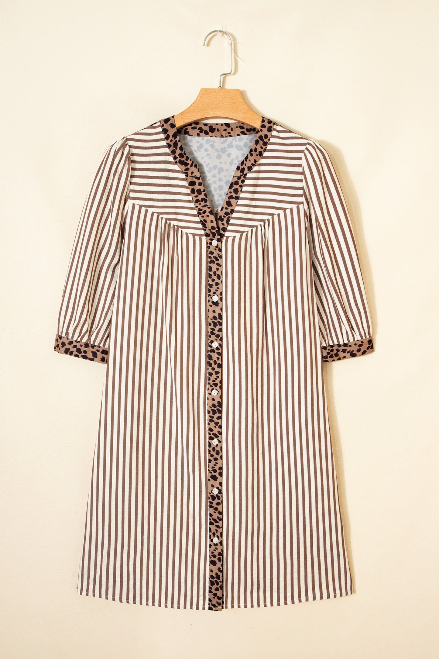 R1263 Khaki Stripe Leopard Trim Square Button Shirt Dress