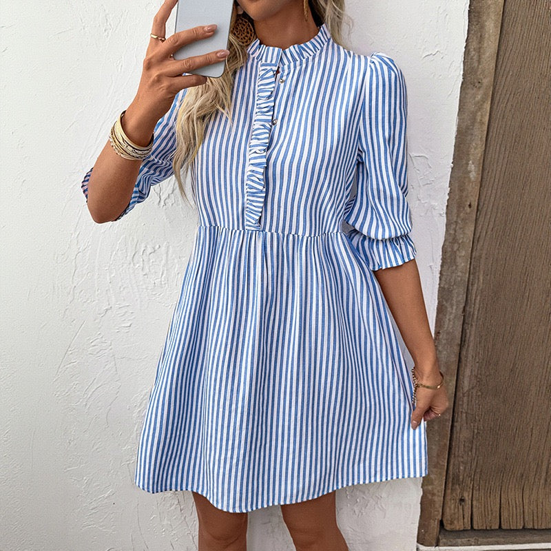 R1245 Bubble Sleeve Stand Collar Striped Dress for Women Summer