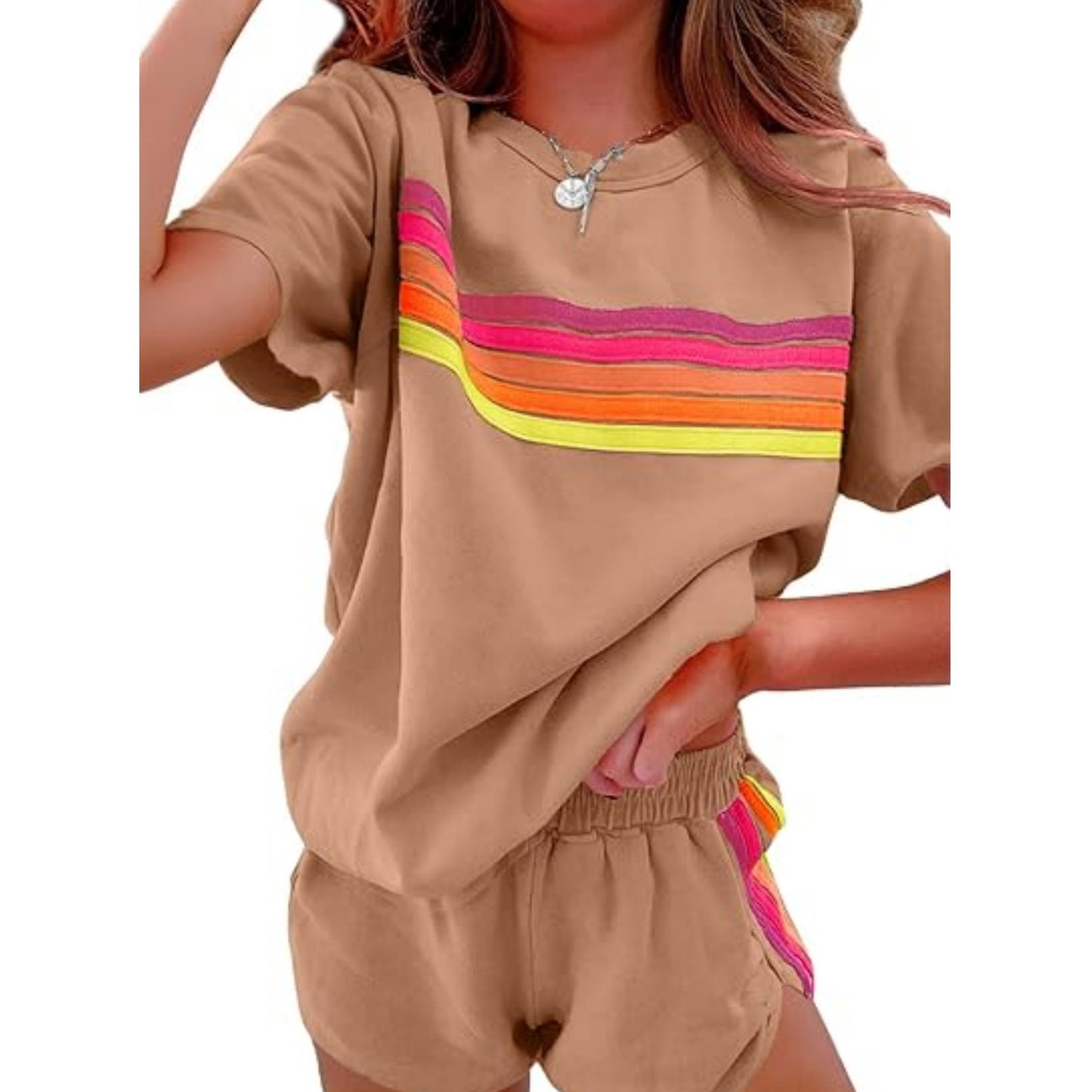 D4573 Rain Bow Patchwork Short Sleeve Two Pieces Set