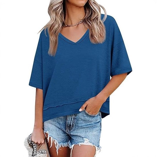 R1228 Women's Solid Color V-Neck Half-Sleeve T-Shirt