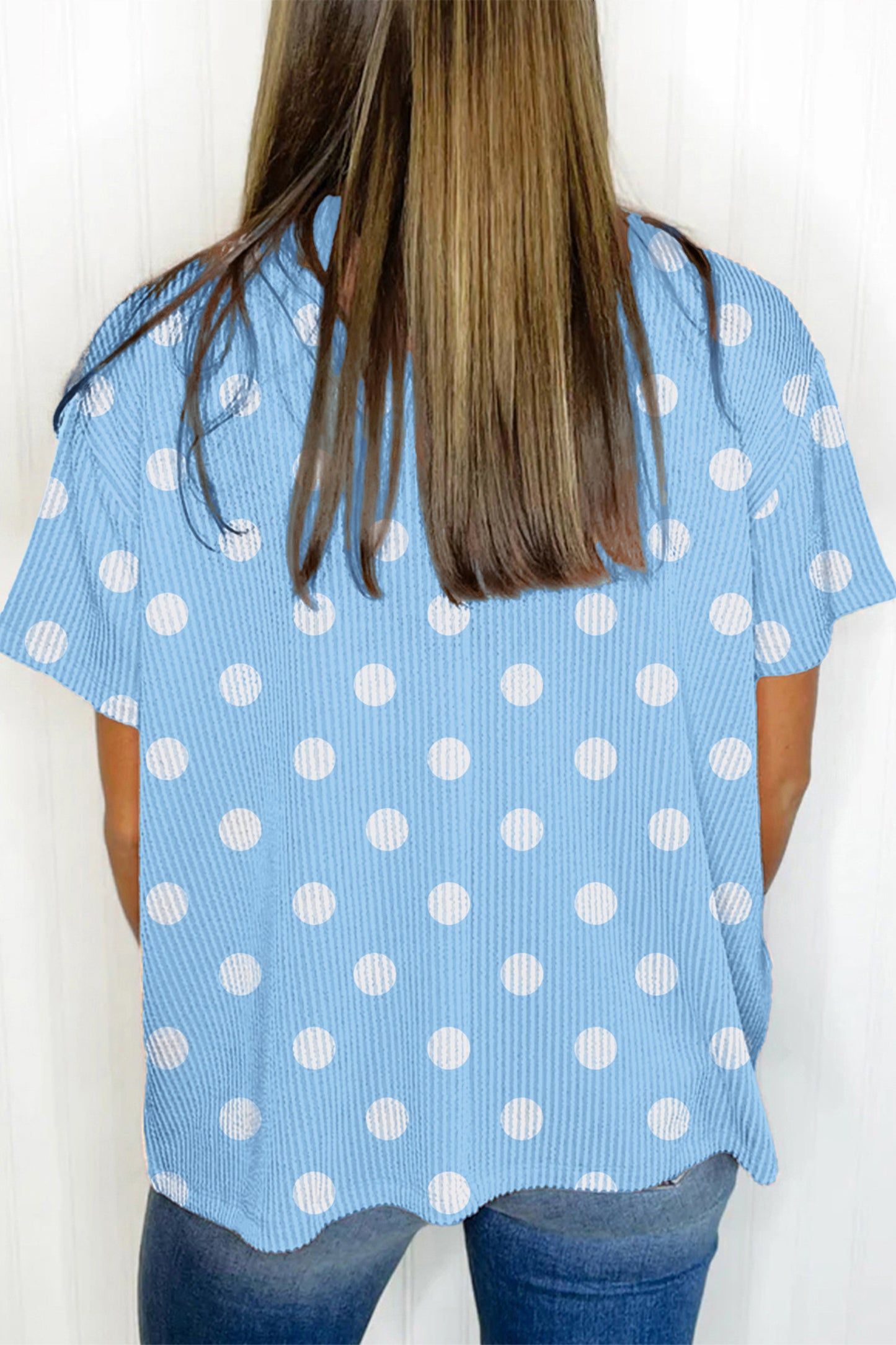 R1384 Sky Blue Raised Rib Polka Dot Oversize Tee