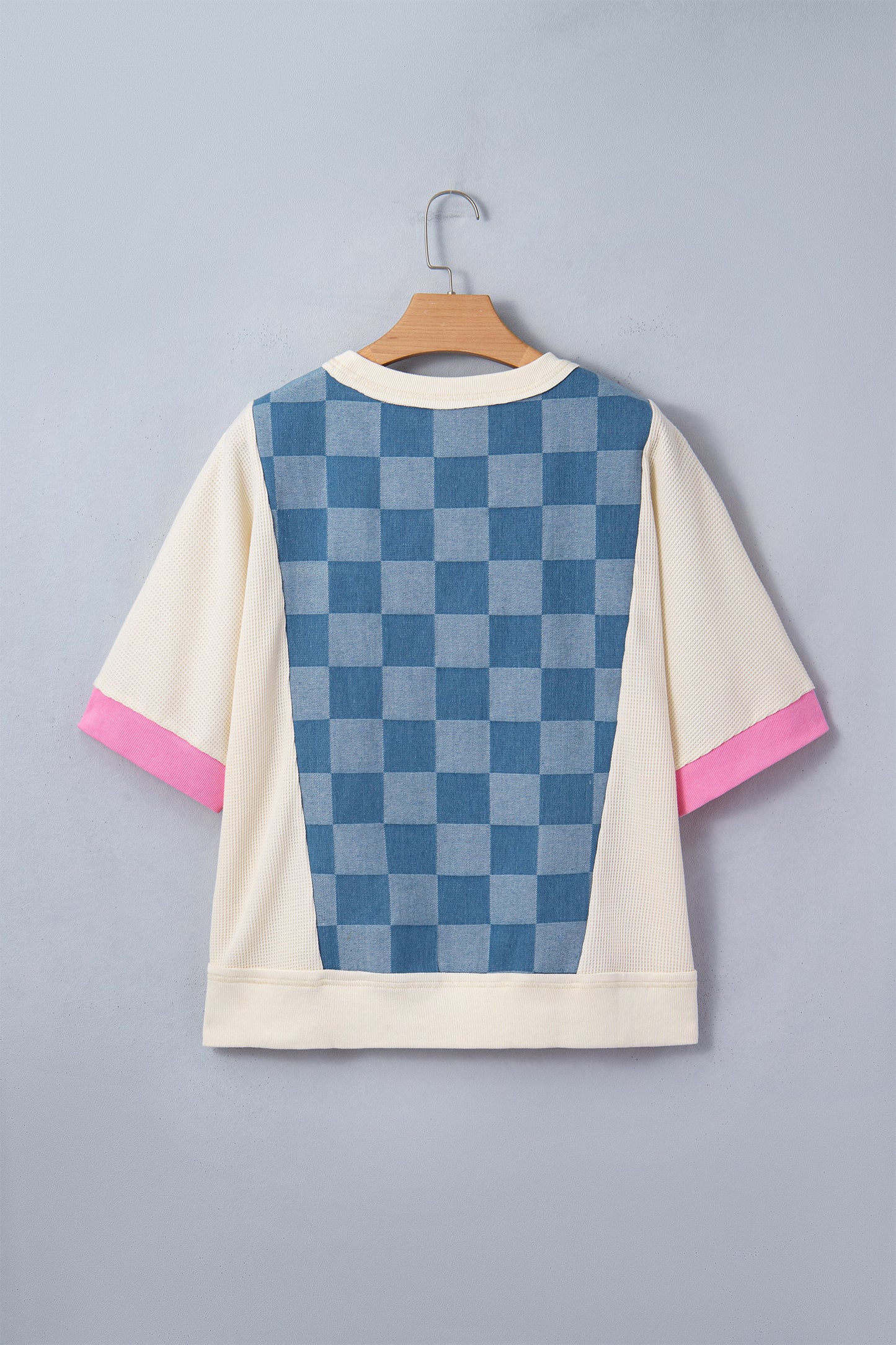 R1305 Checkered Denim Patchwork Short Sleeve Loose Top