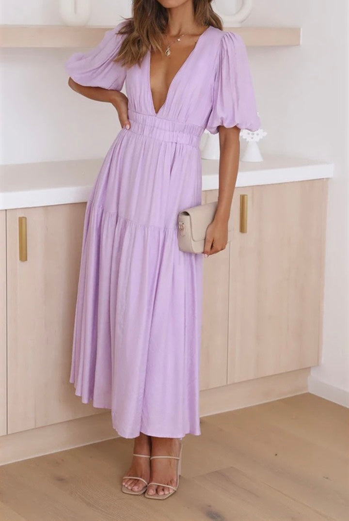 R1508 Deep V Neck Puff Sleeve Ruffle Long Dress