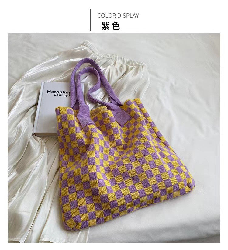 R1283 Knitted Checked Tote Bag