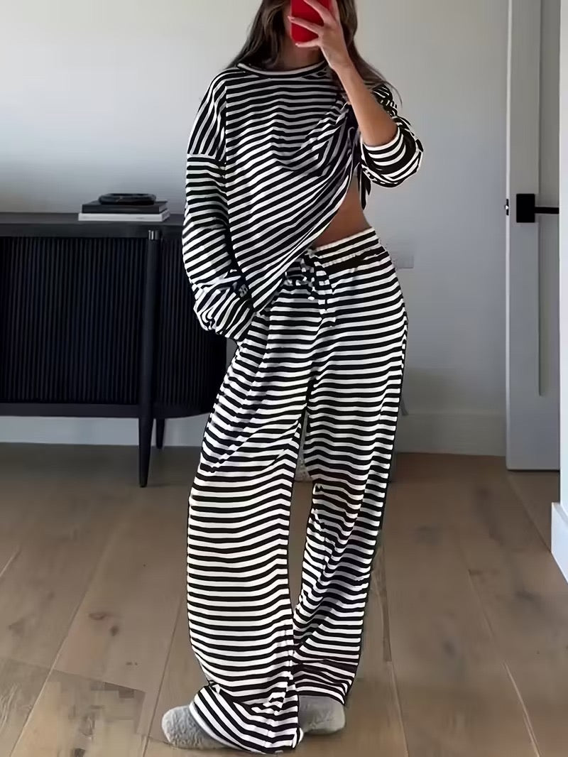 R1238 Striped Long Sleeve Top High-Waist Pants Two-Piece Set