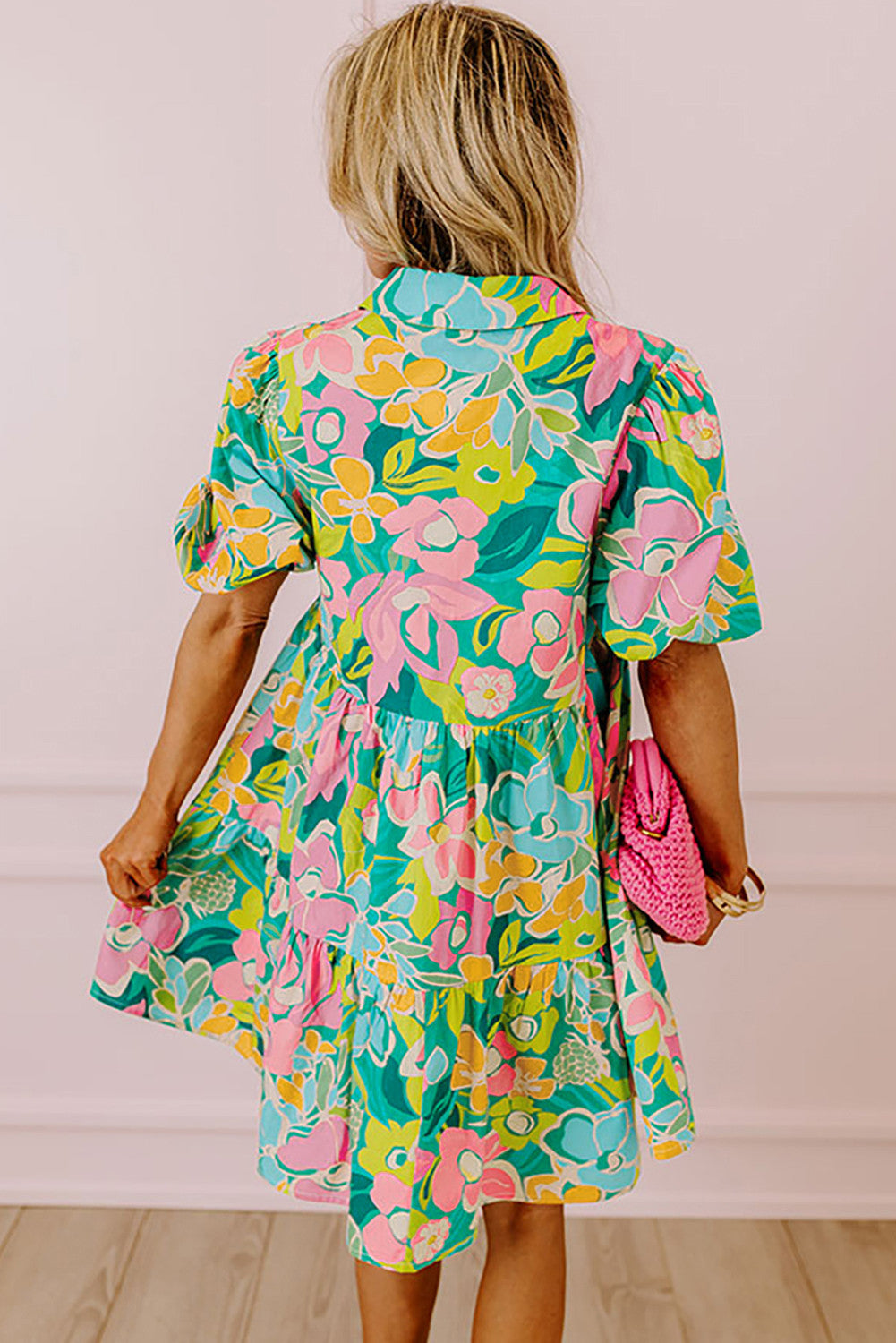 R1246 Floral Puff Sleeve Collar Buttoned Babydoll Dress