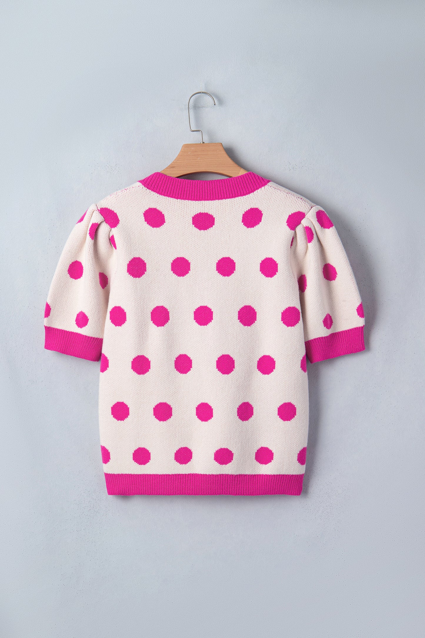 R1361 Pink Polka Dot Puff Short Sleeve Sweater Top